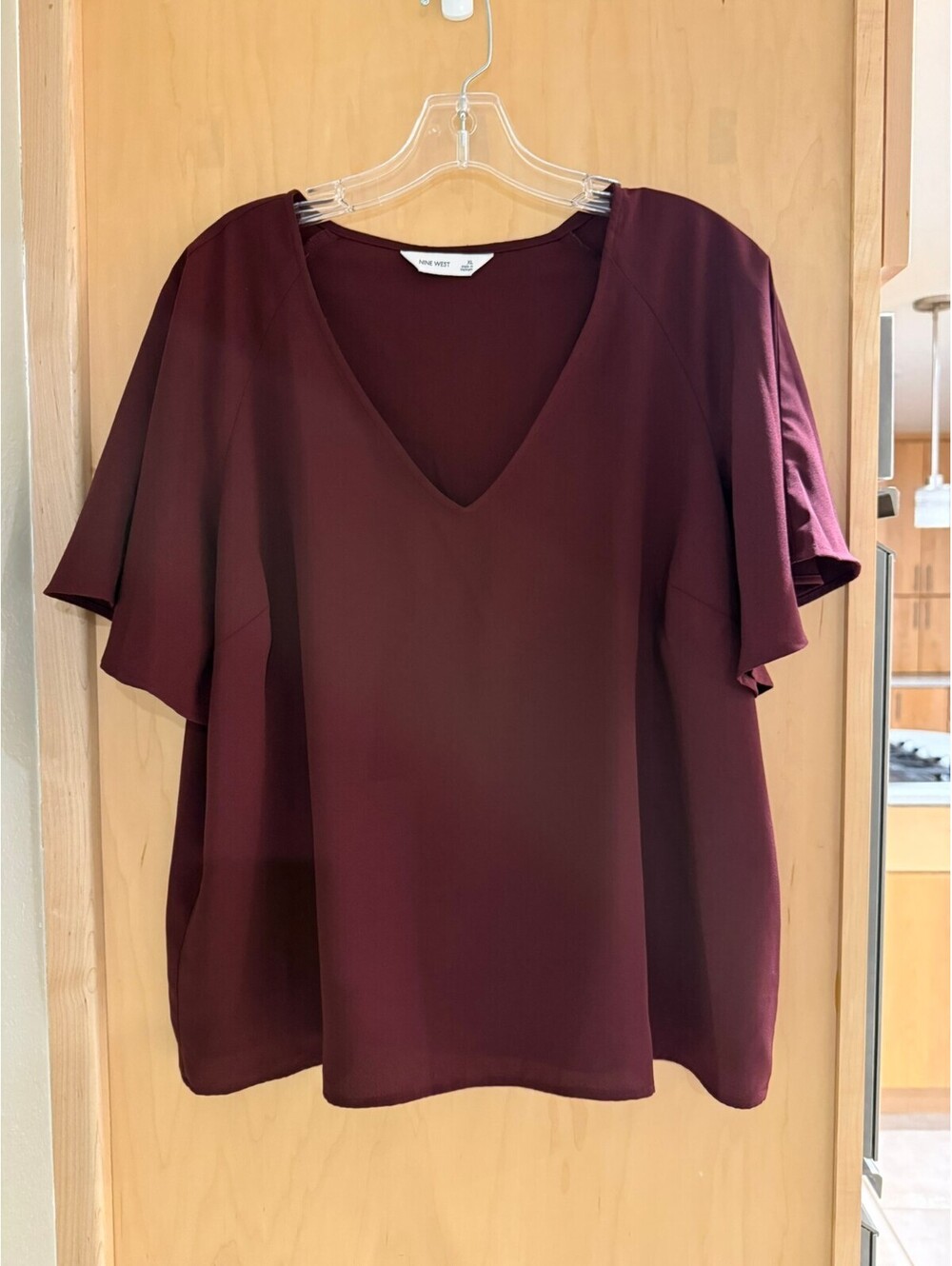 Nine West Women's XL Burgundy V-Neck Blouse Flutter Sleeve Business Casual Top